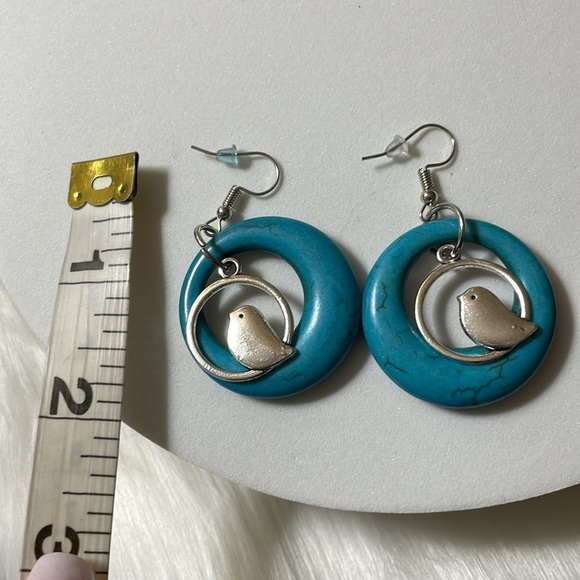 Silver Bird Turquoise Stone Hoop Drop Earrings - Picture 13 of 16